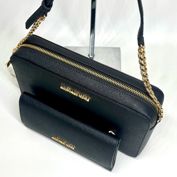 Michael Kors Jet Set Large Logo Crossbody Bag & Matching Trifold Wallet Black - Picture 8 of 11